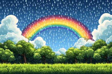 雨后天晴的彩虹与绿意
