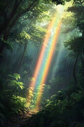 雨后天晴的彩虹与绿意