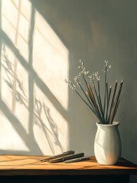 木质桌面上的陶瓷笔筒与钢笔