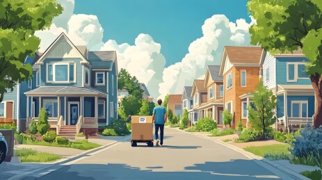 外卖员步行在温馨居民区的宁静街道