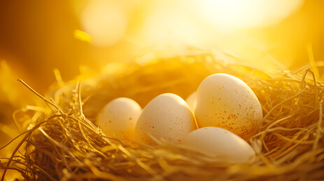 金黄稻草巢中的新鲜鸡蛋