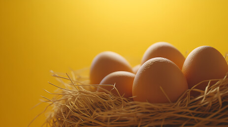 金黄稻草巢中的新鲜鸡蛋