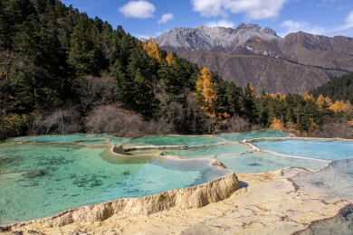 四川阿坝黄龙景区雪山下钙华彩池秋景
