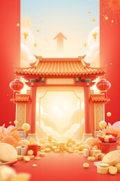 开门红海报直播间背景中式红金配色