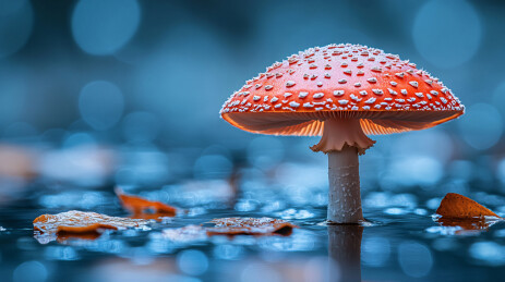 宁静水面上鲜艳的毒蝇伞