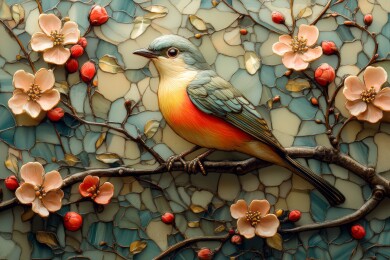 彩釉鸟雀花枝图