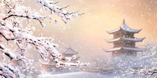 雪中的东方建筑与梅花