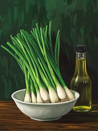 白色瓷碗中的新鲜葱花与橄榄油瓶
