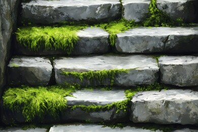 阳光下的青苔覆盖石头台阶