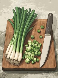 木质砧板上的葱花与姜块