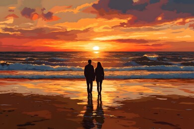 落日余晖下情侣漫步沙滩