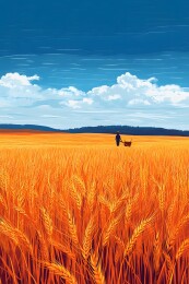 麦田中的农夫与连绵山丘插画