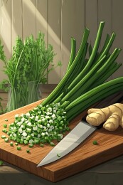 木质砧板上的葱花与姜块