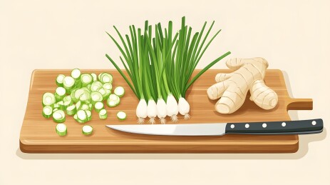 木质砧板上的葱花与姜块