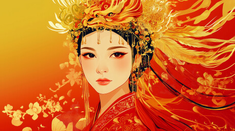 一个穿着传统婚服的女性特写
