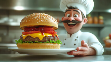端着汉堡的卡通厨师