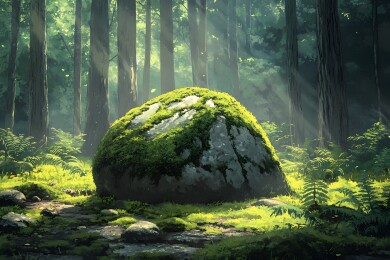 青苔覆盖的石头在湿润森林中