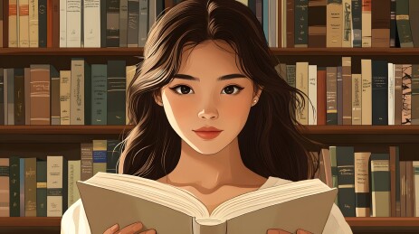 图书馆中专注阅读的亚洲少女