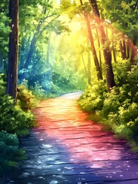 雨后天晴的彩虹与绿意