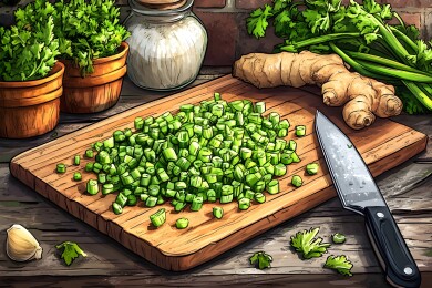 木质砧板上的葱花与姜块