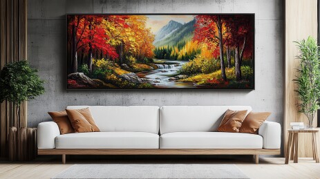 秋日森林溪流油画