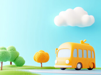 卡通巴士在绿色景观中