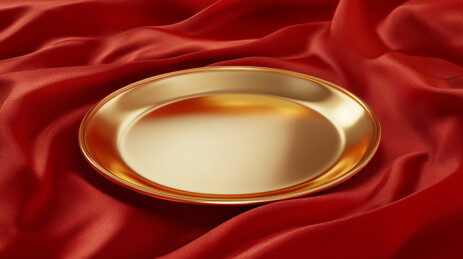 红色丝绸背景上的金盘子