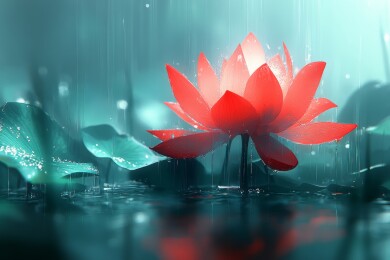 雨中红莲盛开