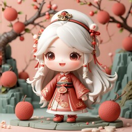 一个穿着红色汉服白色长头发的卡通女孩