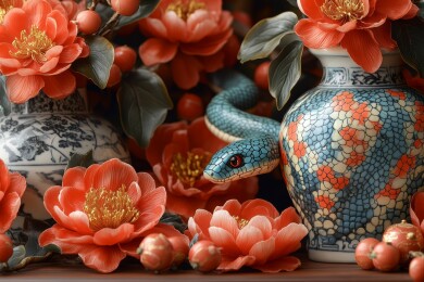 瓷瓶花蛇静物图