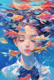 水里的女孩头像和金鱼插画