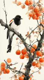 枝头鸟伴红果中式