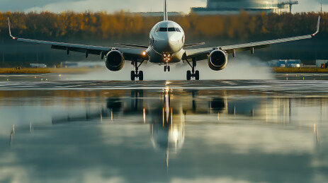 飞机降落湿滑跑道反射水面