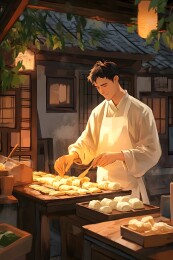 刀削面馆中师傅削出柳叶般面条