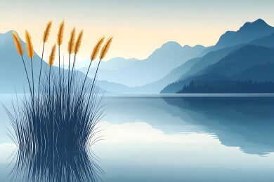 逆光中金色芦苇映衬水面与远山