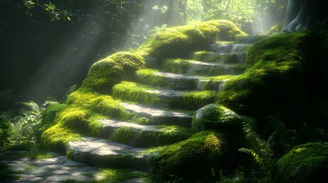 阳光下的青苔覆盖石头台阶