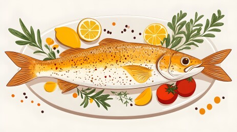 精致餐盘中的煎鱼与配菜