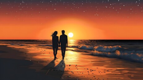 落日余晖下情侣漫步沙滩