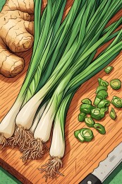木质砧板上的葱花与姜块