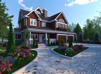 现代砖铺车道别墅外景设计