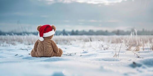一只戴着红帽子的泰迪熊孤零零地坐在雪地里