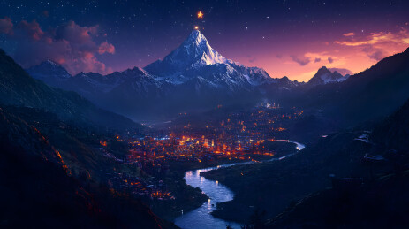 山峰之巅的星光小镇夜景