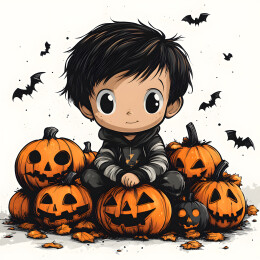 万圣节可爱小男孩南瓜堆
