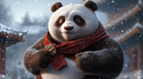 风雪里的棕色大熊猫