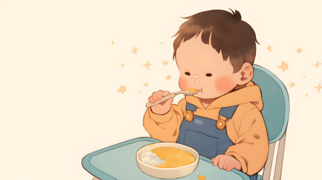 可爱宝宝吃辅食的温馨画面