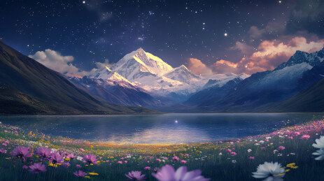 星空下宁静的山湖与花田