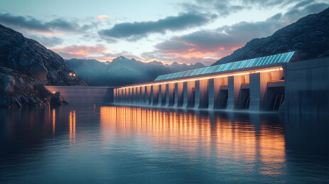 山脉傍晚水坝太阳能发电