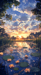 傍晚宁静湖泊莲花盛开