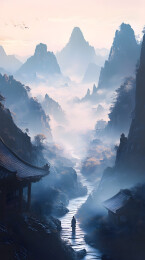 山谷晨曦静谧的东方意境