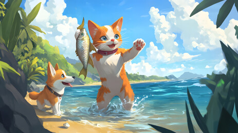 猫咪和狗狗海边捕鱼图